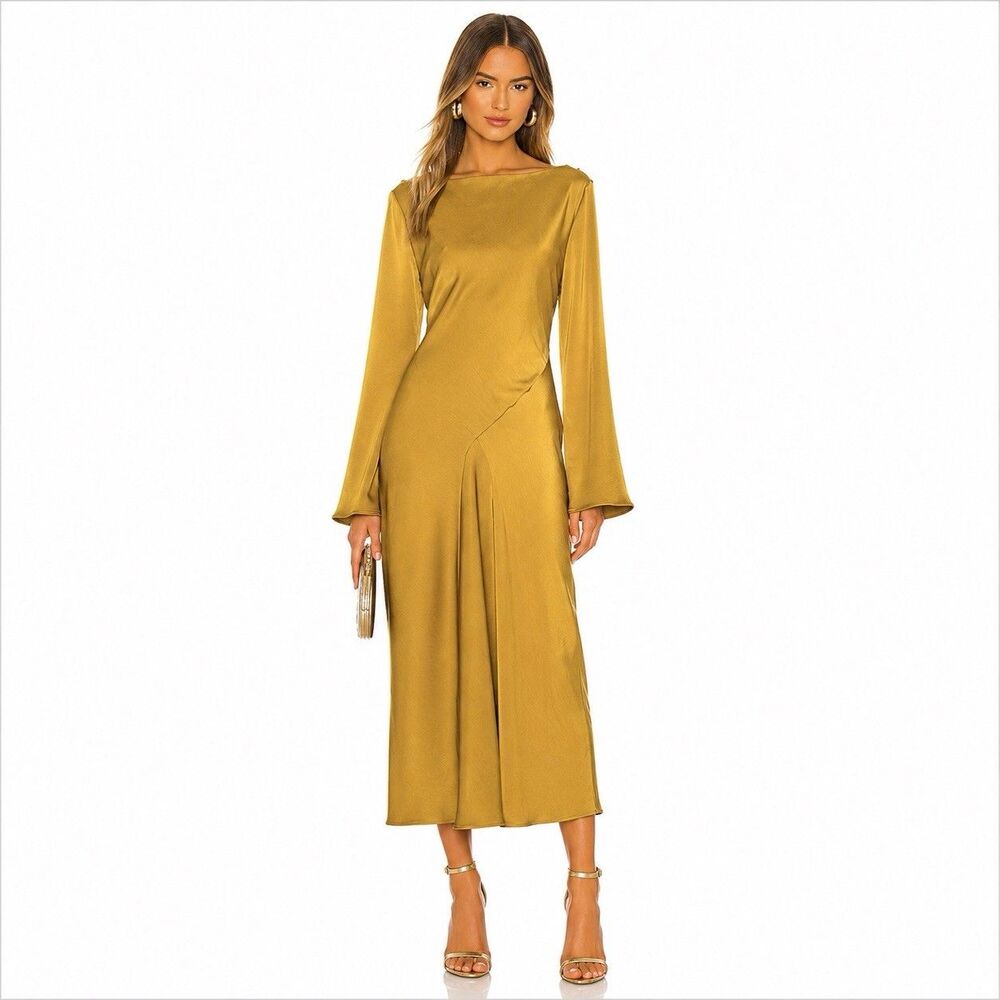FORE Open Back Maxi Dress Olive Green Long Sleeve Flared M